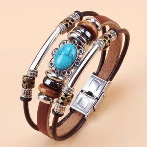 Turquoise Bead Leather Bracelet Blue Vacation Boho Summer Surfer Hippie Native